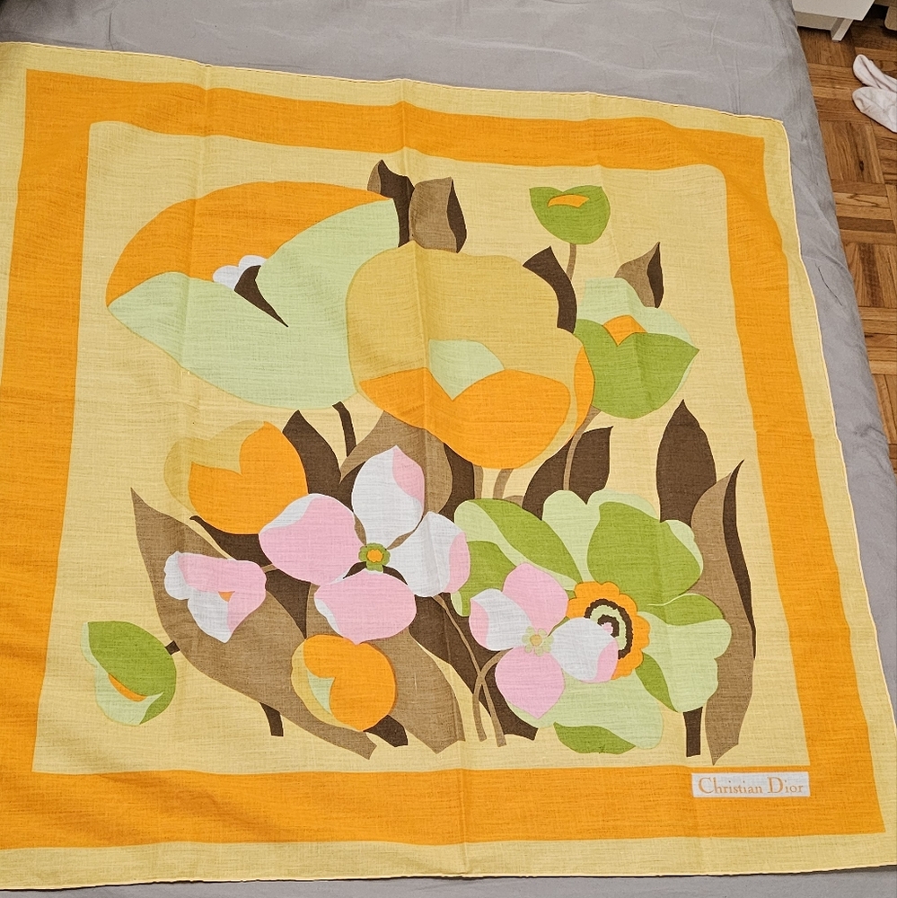 Vintage Christian Dior Floral Linen Scarf 29.5” Square